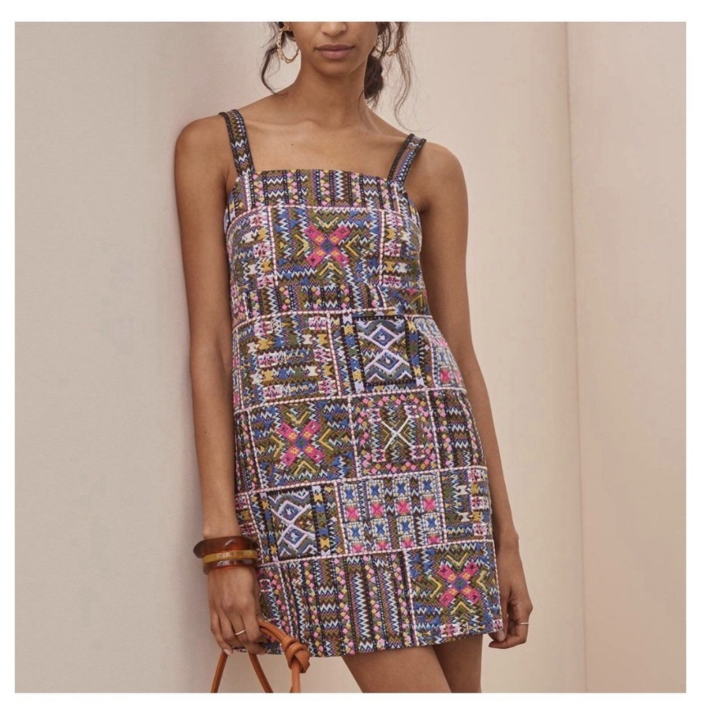 Anthropologie patchwork Geometric Embroidered Short Dress Womens 4 Boho Folk